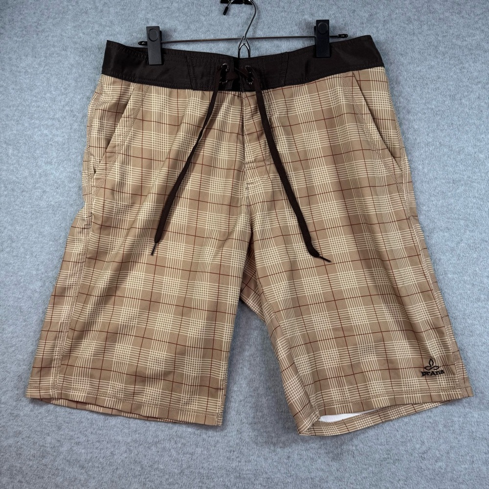 Prana Men's Tan Plaid Board Shorts‎ Size 34 Unlined with Mesh Pockets Drawstring
